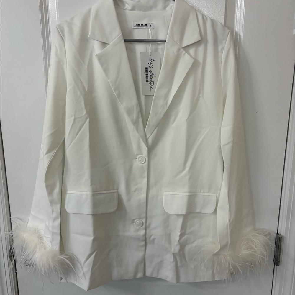 12th Tribe White Glamorous Feather Trim Blazer